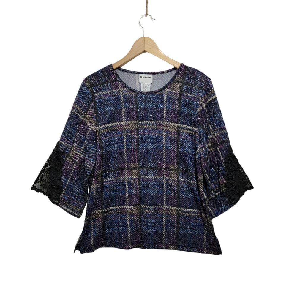BonWorth Womens Top Plaid Top Metallic Thread & Lace Detail 3/4 Sleeve Size MP